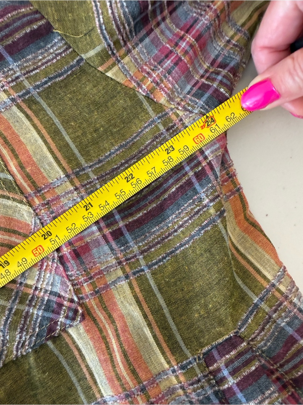 Oli & Hali Plaid Tiered Button Front Shacket Shirt Olive Purple Raw Hem Size M - Picture 9 of 11